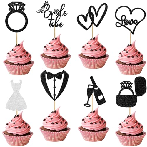 PRESSINART 24 Pièces 8 Styles Bride to Be Décorations Cupcake Noir Et Blanc 2.8 x 2.6 Pouces Topper Gâteau Coeur Mariée Marié Papier Pailleté avec Bâtonnet Bambou pour Mariage Shower Anniversaire