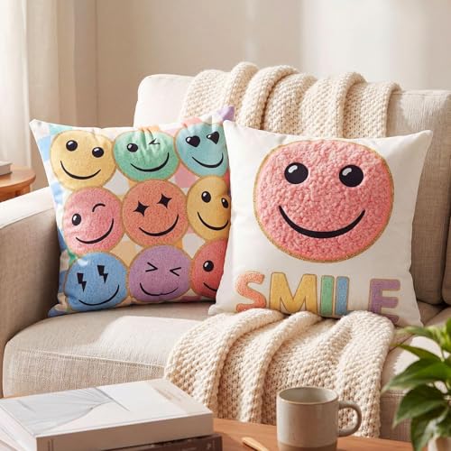 Gilprop 2 Pack Pastel Smile Face Pillow Covers 18 x 18 Inch Pastel Throw Pillow Cases Smile Face Pillowcases Inspirational Classroom Decor for Back to School Teacher Student Gift Couch Bedroom