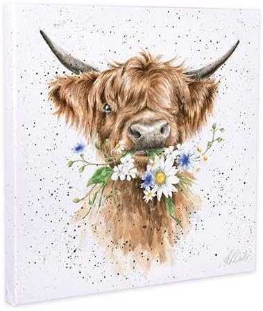 Pure Compression Wrendale Designs 'Daisy Cow' Print on White Square Canvas 20 Centimeter