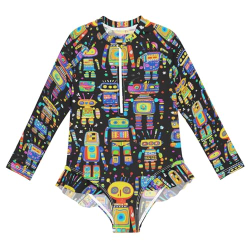 ALAZA Toddler Swimsuit Girl Bathing Suit Swimwear Rash Guard Colorful Robots Long Sleeve 3T