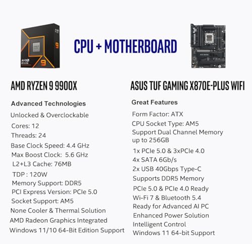 Image of MICRO CENTER AMD Ryzen 9 9900X CPU Processor with ASUS TUF Gaming X870E-PLUS WIFI7 ATX Motherboard (DDR5, PCIe 5.0 x16, 4X M.2 Slots, WiFi 7, 2 x Type-C USB4)