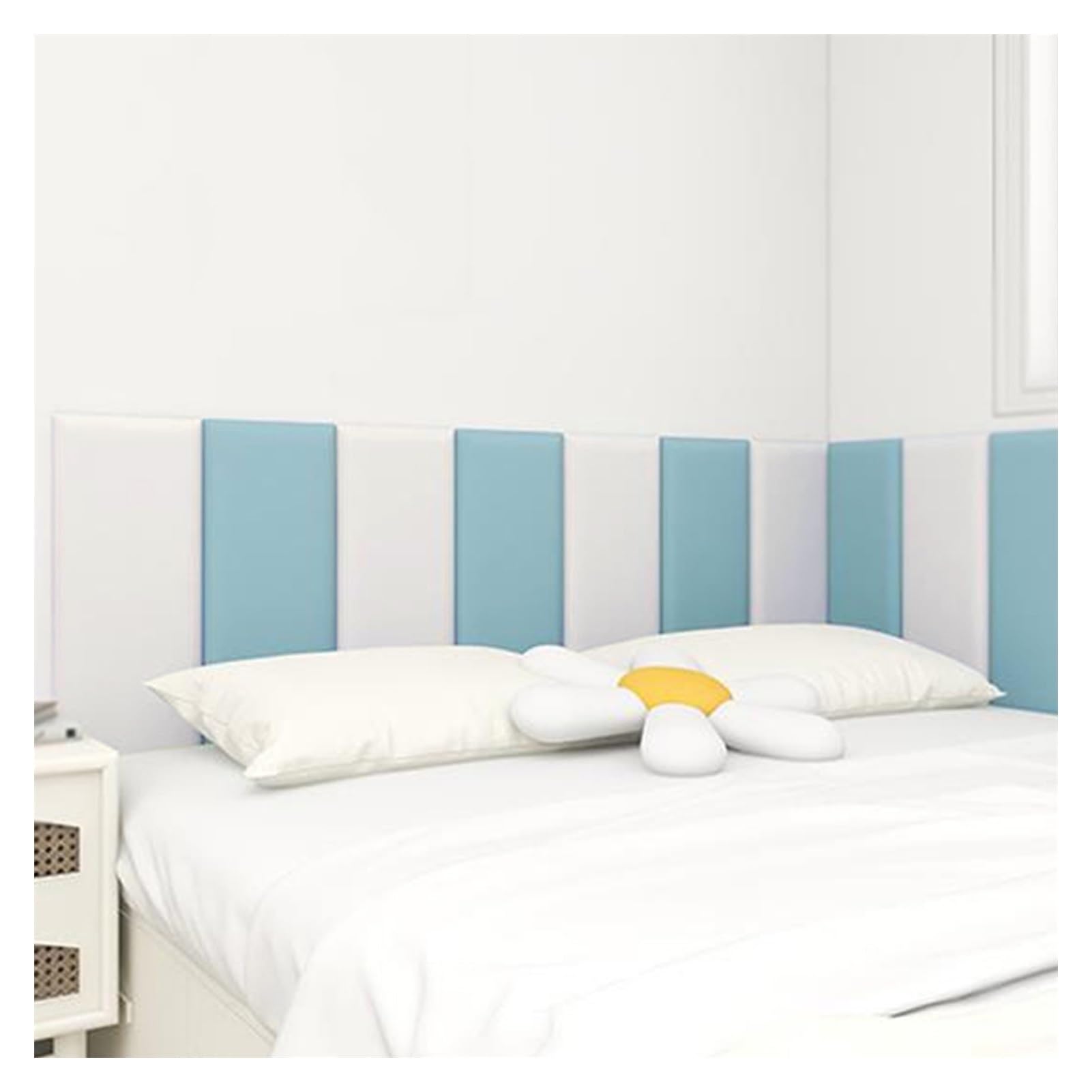 wyściółka, Samoprzylepne panele ścienne 3D, tapicerowana wyściółka ścienna antykolizyjna, grubość 1,2 cala(White+blue,63x19.7IN)