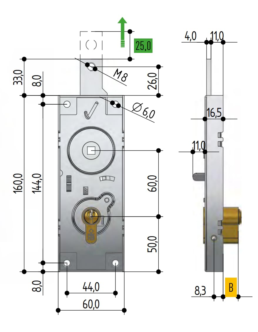 Prefer - Cerradura para basculante/Garaje con Cilindro de Perfil Europeo, manija de Gota, Distancia Entre Ejes 60 mm - Sistema de Seguridad antirrobo Resistente para Puertas Exteriores de Garaje