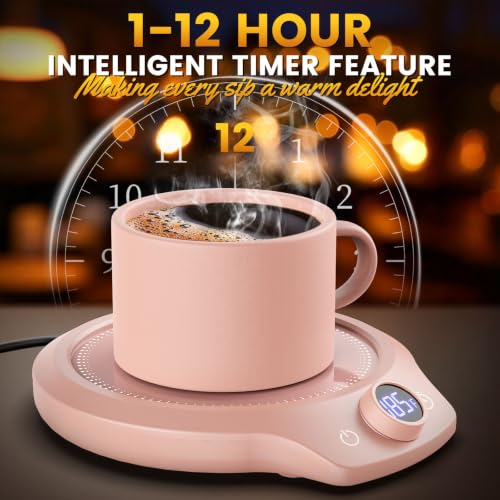 Image of Fast Heating Mug Warmer - 4 Temp Settings & 1-12H Timer, Coffee Cup Warmer Plate for Desk Auto Shut Off, Ideal Beverage Warmer Gift for Coffee, Tea, Milk (Pink)