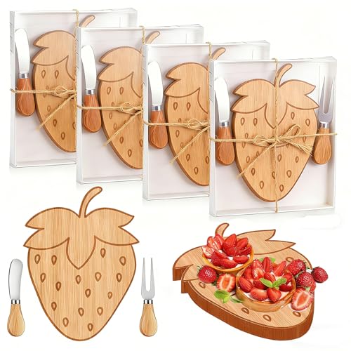 Whaline - Tabla de cortar de madera con diseño de fresa, 4 piezas, incluye cuchillos y tenedores, ideal para fiestas temáticas, baby shower, cumpleaños y decoración de mesa miniatura 1