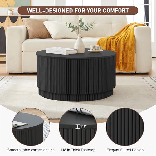 Image of 31.5 inch Round Coffee Table with Storage, Modern Accent Coffee Tables with Fluted Base, Wooden Circle Center Table for Living Room Small Space Apartment Office (Black)