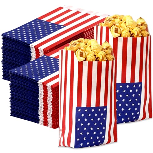 JarThenaAMCS 100Pcs Patriotic Popcorn Bag American Flag Treat Paper Bags Grease Resistant 4th of July Candy Goodie Bags for Independence Day Party Cookie Snack Packing
