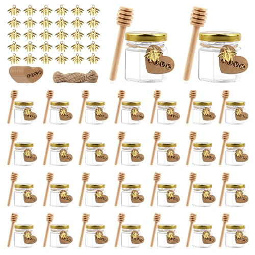 30pcs 45ml Mini Tarros de Miel Hexagonales con Cucharones de Madera, Miel Tarros de Vidrio con Tapa, Colgantes de Abejas, Etiquetas de Papel Kraft, Mini Tarro para Boda Regalos Invitados, Baby Shower
