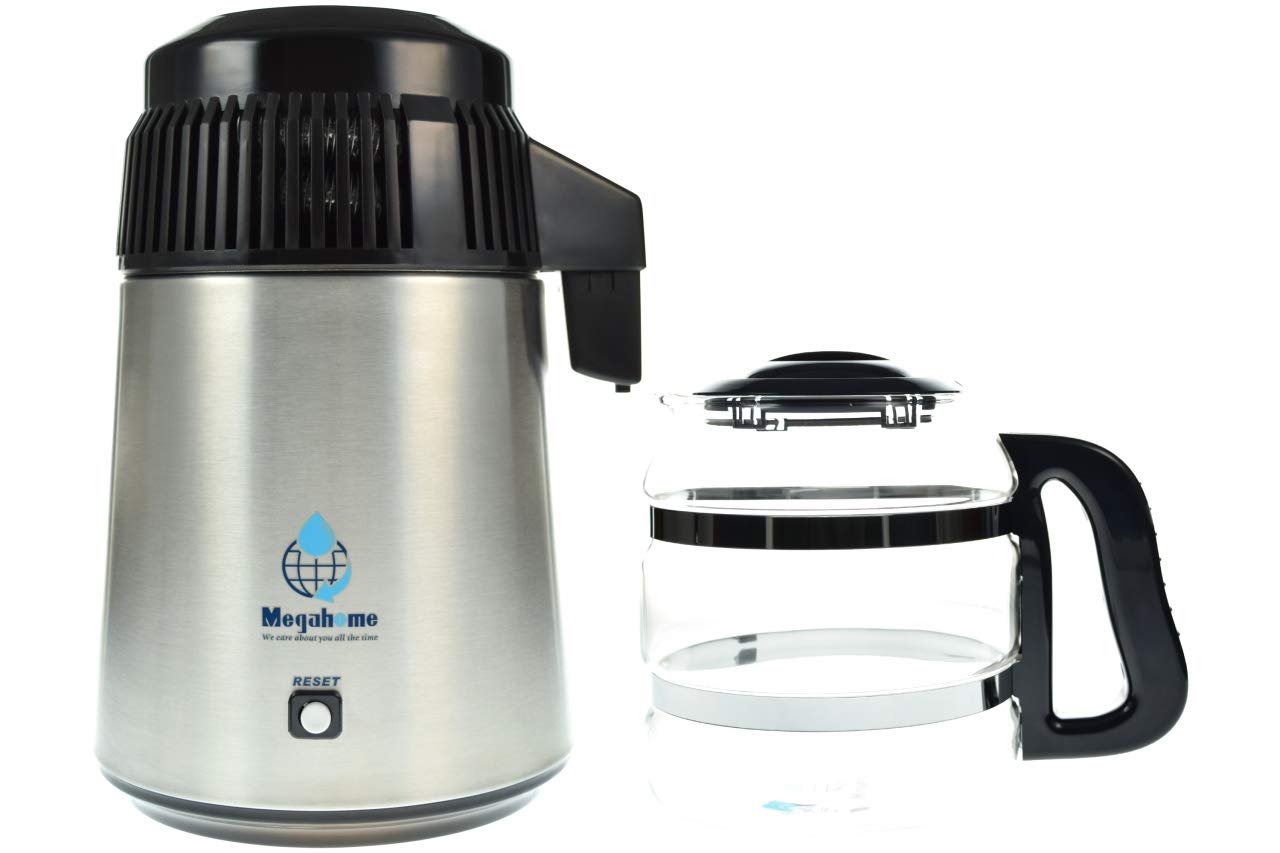 Megahome MH943SBS Destilador con jarra de cristal, 4 litros de agua pura y destilada, sin contacto con plástico, sin filtro de agua, incluye libro en alemán, color acero inoxidable/negro