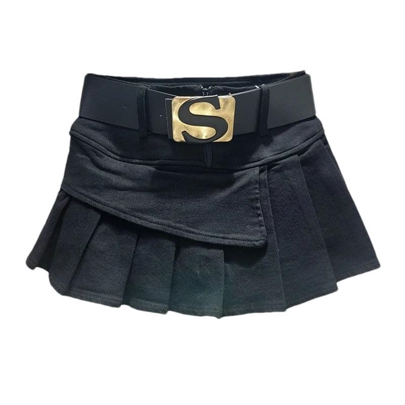 Women's Denim Skirt Solid Color Asymmetric Folds Retro A-Line High Waist Belt Short Mini Skirts