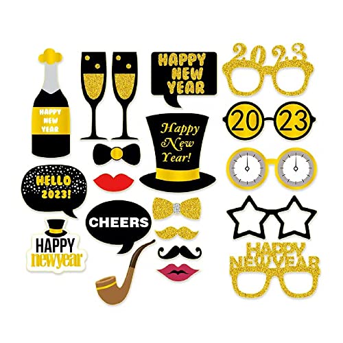 2023 Neujahr Dekorationen Photo Booth Requisiten 20 Stück, 2023 Silvester Party Requisiten, 2023 Happy New Year Photo Requisiten Lustig für DIY, 2023 Silvester Party Supplies Cover