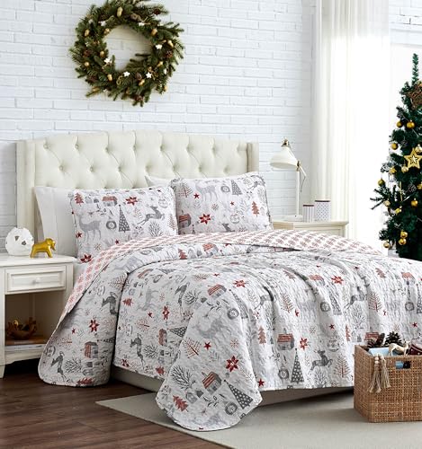 Southshore Fine Living Inc. Holly Jolly Christmas Quilt Comforter Holiday Bedding Set 2-Piece Oversized Christmas Bedding Quilt Set with Quilted Shams Twin/Twin XL