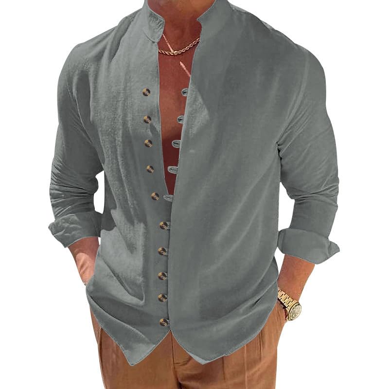 Mens Retro Casual Shirt - Long Sleeve Button Down Stand Collar Loose Fit Plain Shirt for Vacation Wear