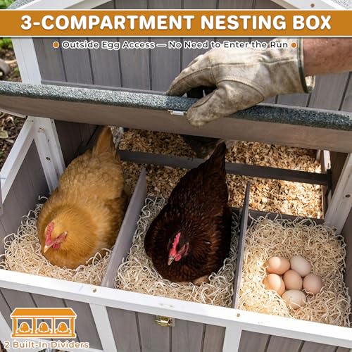 Image of Large 95.3 in Outdoor Chicken Coop with Run & Wheels for 3-6 Chickens | Wooden coop with 3-compartment nesting box, 2 dividers, pull-out tray, UV-resistant roof, predator-resistant wire mesh