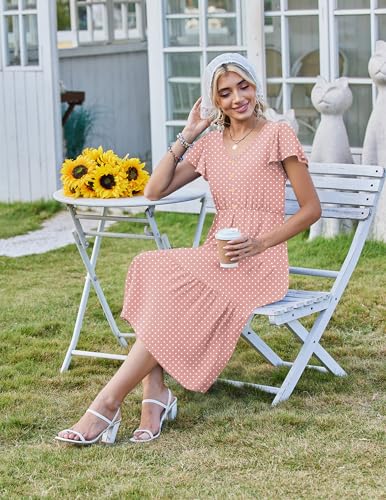 Image of Zeagoo Women's Summer Casual Dress Flutter Short Sleeve V Neck Button Down Tiered Flowy Long Dress with Pockets