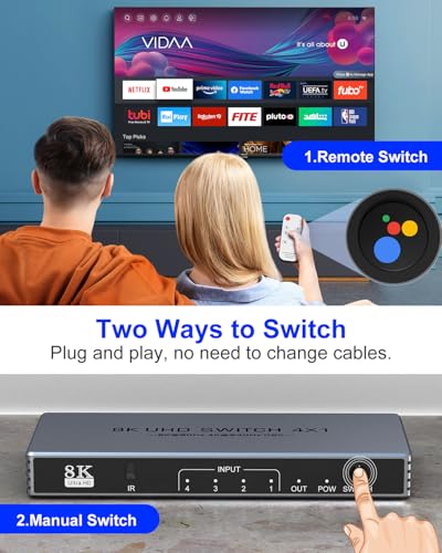 Image of Hdmi Switcher 4 in 1 Out - New 8K@60Hz 4K@240Hz /144Hz /120Hz HDMI Splitter with Remote Support 3D /HDR /HDCP2.3, for PS5 /4 Xbox Nintendo Switch Roku Apple TV Fire Stick 4 Port 8k HDMI2.1 Switch