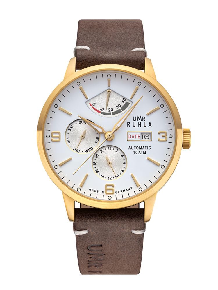 UMR RUHLA-Automatic 80274 - Automatik Herrenuhr Limited Edition 200 Stück - 9110 mechanisch 26 Steine - Edelstahlgehäuse IPG Gold 42 mm - Lederarmband Braun - Made in Germany