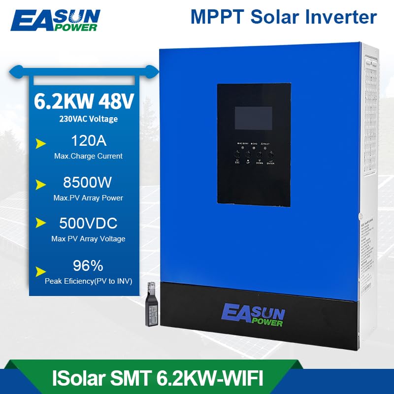 6200W Hybrid Wechselrichter, All-in-One Solar Wechselrichter mit PV 60-500VDC Off Grid reinem Sinus, 48 V DC auf 230 V AC, solar Inverter mit 120A MPPT, für Blei- und Lithium-Batterien