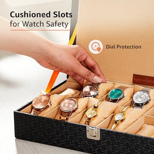 Image of amazon basics Unisex Faux Leather Watch Organiser Box with 12 Slots |Watch Organiser|33.5LX20.5BX8H cm| Black