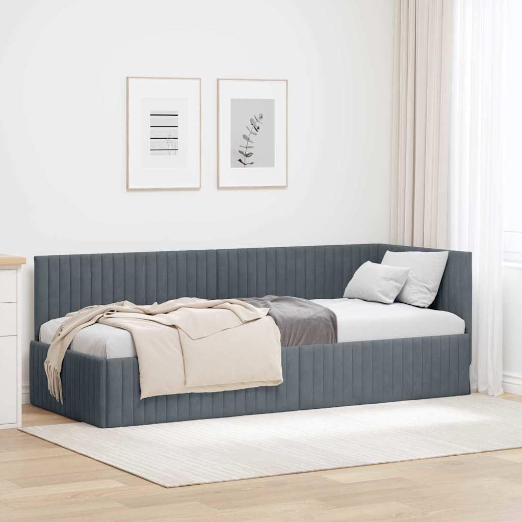 YUTAASU Eckbettgestell mit Kopfteil Dunkelgrau 80x200 cm Samt | L-Form Design, Stoffbezug, Lattenrost, als Sofa oder Tagesbett nutzbar, links oder rechts montierbar