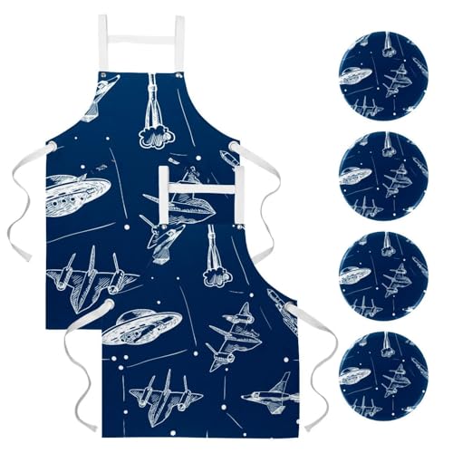 Lot de 2 tabliers de cuisine avec motif espace bleu marine et 4 broches