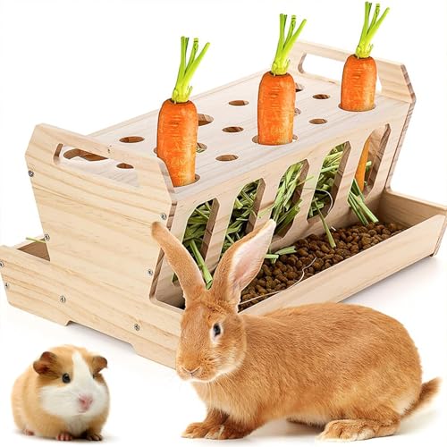 DOUBFIVSY Râtelier à Foin pour Rongeurs, Distributeur de Foin en Bois Grande Capacité pour Lapins, Cochons d’Inde, Mangeoire Autonome avec Râtelier à...