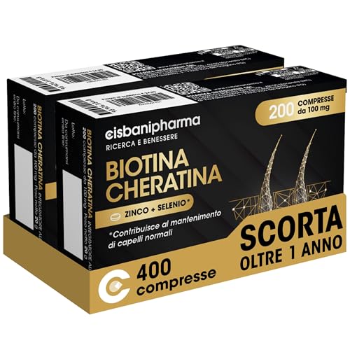 CISBANI PHARMA Biotina Cheratina, Integratore Capelli e Unghie, Oltre 1 Anno di Scorta, 2 Confezioni da 200 compresse da 100 mg con Zinco e Selenio - Senza Glutine e Lattosio