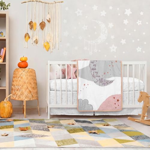 Image of SmoothNovelty 5 Pcs Moon Theme Celestial Crib Bedding Set Include Moon Knot Print Crib Sheets Bed Skirt Comforter Pad Cover Wall Stickers for Nursery Room Decoration