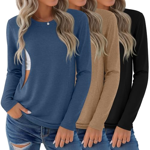 Image of Sweetyweee 3 Pack Nursing Tops for Breastfeeding Maternity Shirts Zipper Long Sleeve Round Neck Knit Casual Nursing Clothes