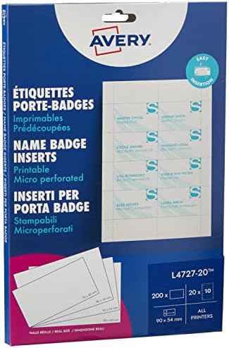 Avery L4727-20 Printable Name Badge Insert Refills (90 x 54 mm Inserts) - White, Pack of 200