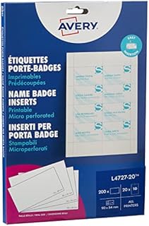 Avery L4727-20 Printable Name Badge Insert Refills (90 x 54 mm Inserts) - White, Pack of 200