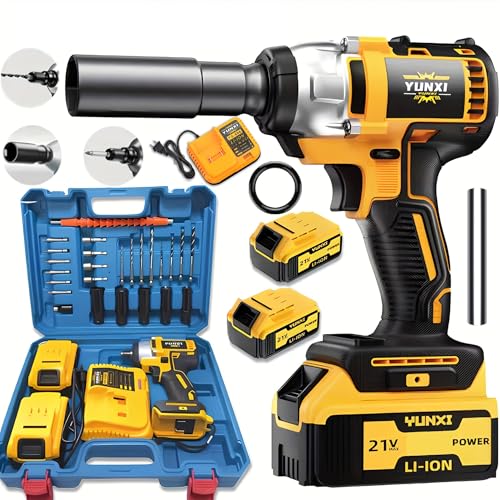 Image of cordless impact wrench drill kit, brushless electric impact gun drill, optional battery, toolbox, charger, socket and complete set of accessories (High capacity battery * 2+deluxe package)
