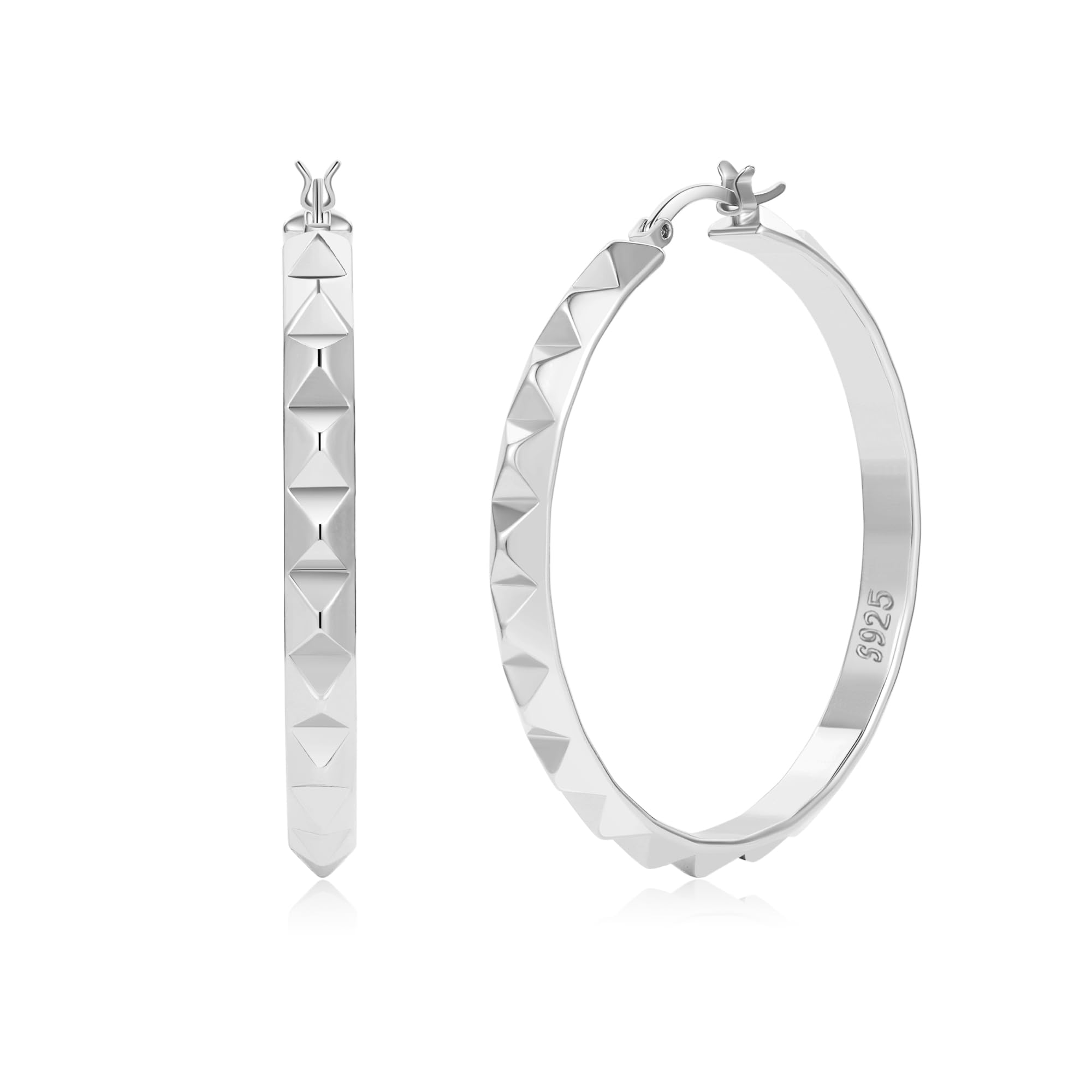 PABBEU 925 Sterling Silver Plated Hoop Earrings 5MM Wide 3D Silver Hoop Earrings for Women Lightweight Thick Hoops