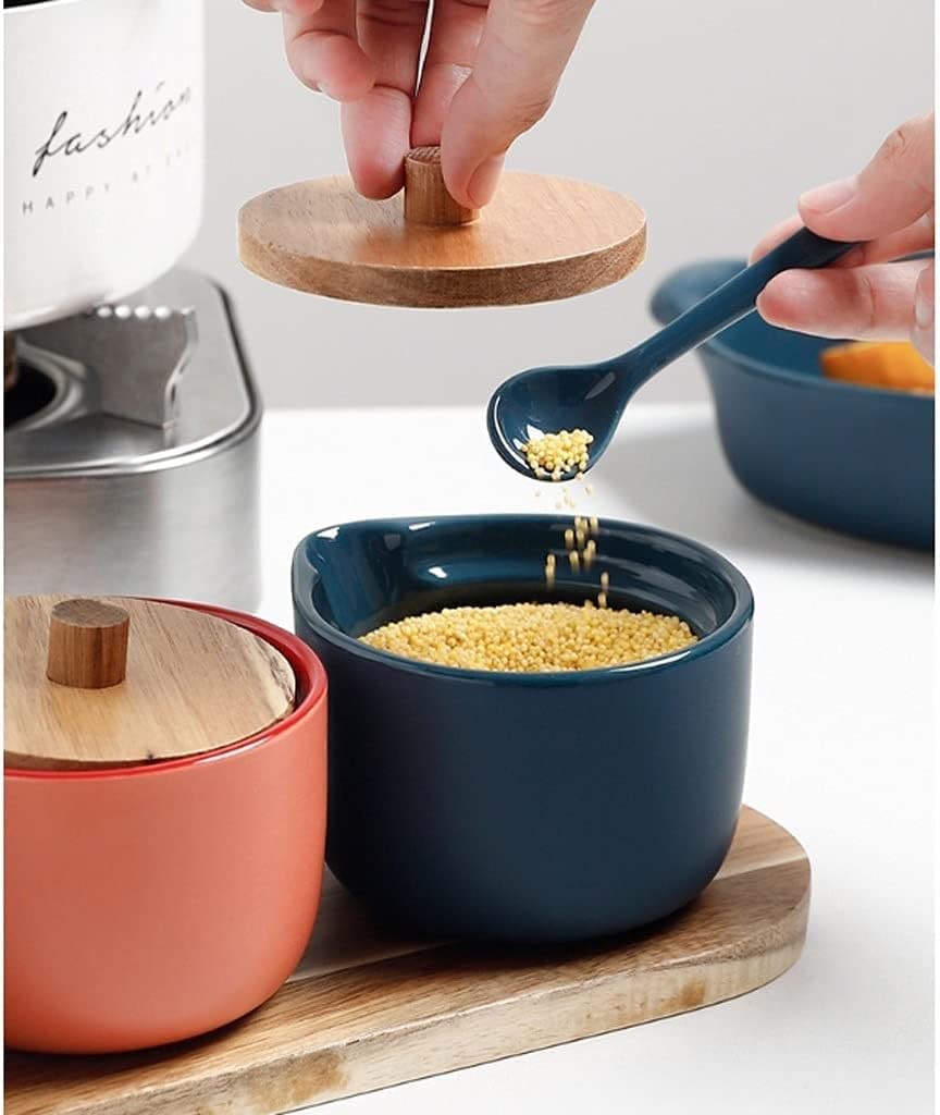 Pots à Épices Assaisonnement Box Set Ensemble De Récipients À Condiments En Céramique, Avec Couvercle De Cuillère Et Plateau En Bois, Pot D'assaisonnement Domestique, Ensemble De Récipients À Sucre Po