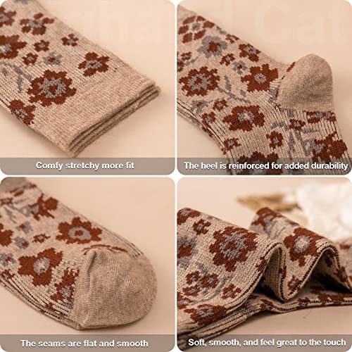 Image of IIG 5 Pairs Womens Pretty Vintage Wool Socks Unique Print Design Soft Cozy Warm Crew Socks Christmas Gift