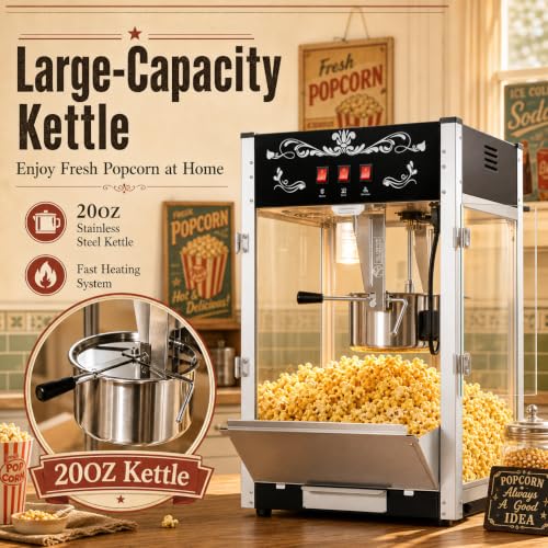 Image of Commercial Popcorn Machine With 20 OZ Kettle for Theater Style, Black | Countertop Popcorn Machine Stainless Steel, 3-Switch Control, for Home, Movie Night, Parties, Office, School, Business