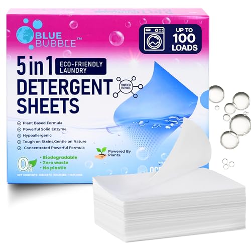 Image of BLUE BUBBLE Eco Friendly Laundry Detergent Sheets Ocean Breeze Scent - 5in1 Plant Based Laundry Soap Sheets for Sensitive Skin, Dissolvable Zero Waste Plastic Free Strip - up to 100 Loads