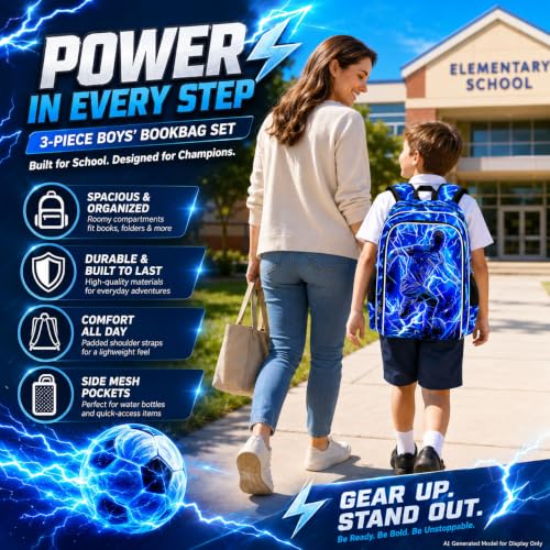 Image of 3Pcs Soccer Backpack for Boy, 17 inch Lightning Bookbag for Elementary Preschool Kindergarten, Kids School Thunder Backpacks with Lunch Box (Blue)