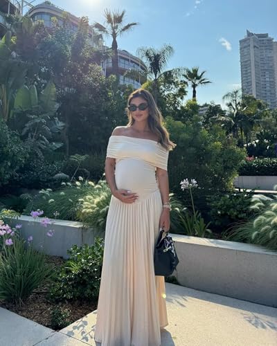 Ouyisha Off Shoulder Maternity Dress for Photoshoot Women’s Pleated Baby Shower Dress Long Summer Formal Pregnancy Gowns3