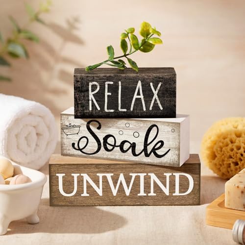 Image of Moucuny 4 Pcs Bathroom Shelf Decor Sign Farmhouse Bathroom Decor and Accessories Rustic Eucalyptus Leaves Wood Block Sign Gift Relax Soak Unwind Farmhouse Table Centerpiece for Home Toilet