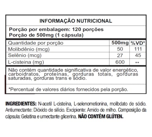 NAC 600mg com Molibdénio e Selénio, Longa Duração: 4 Meses de Uso, 120 cápsulas, Fortalvit