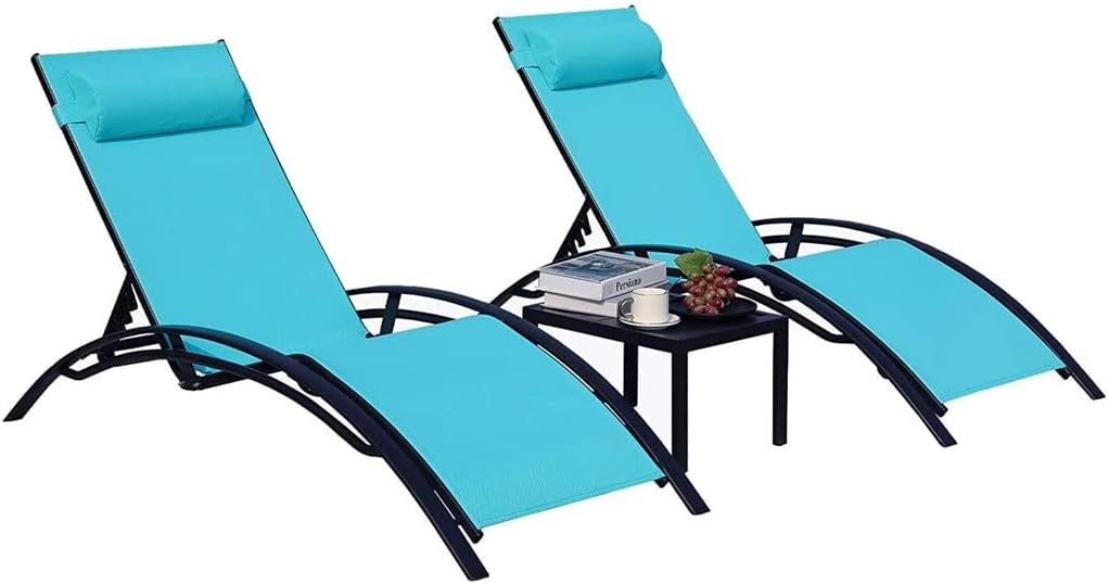 3Pcs Sun Lounger Recliner Set Aluminum Chaise Lounges,Reclining Chair with 5 Adjustable Backrest, Head Cushion, Table for Garden (Color : A, Size : One Size) (A One Size)