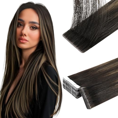 Image of Full Shine Invisible Tape in Hair Extensions Human Hair, Color 2 /8 /2 Dark Brown to Ash Brown Highlights Balayage, Seamless Invisible Remy Tape in Extensions, 20pcs 50g 24 Inch for Thin Hair