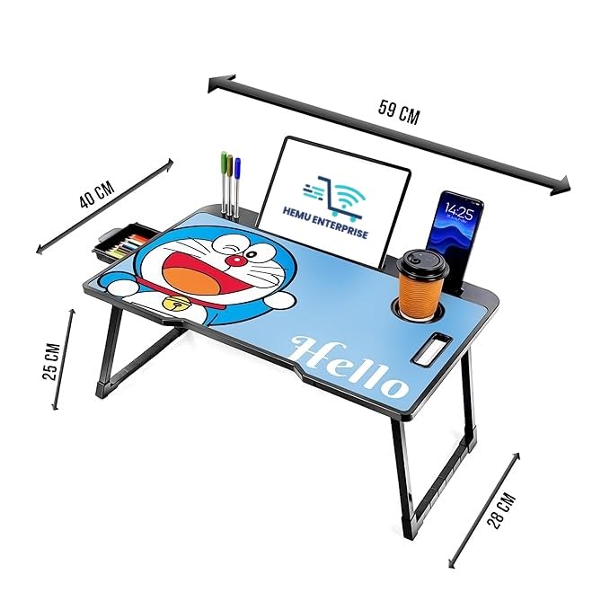 Image of Foldable Wooden Mini Laptop Table for Bed, Study Table with Drawer, Mobile Holder(COTTED DOREMON)