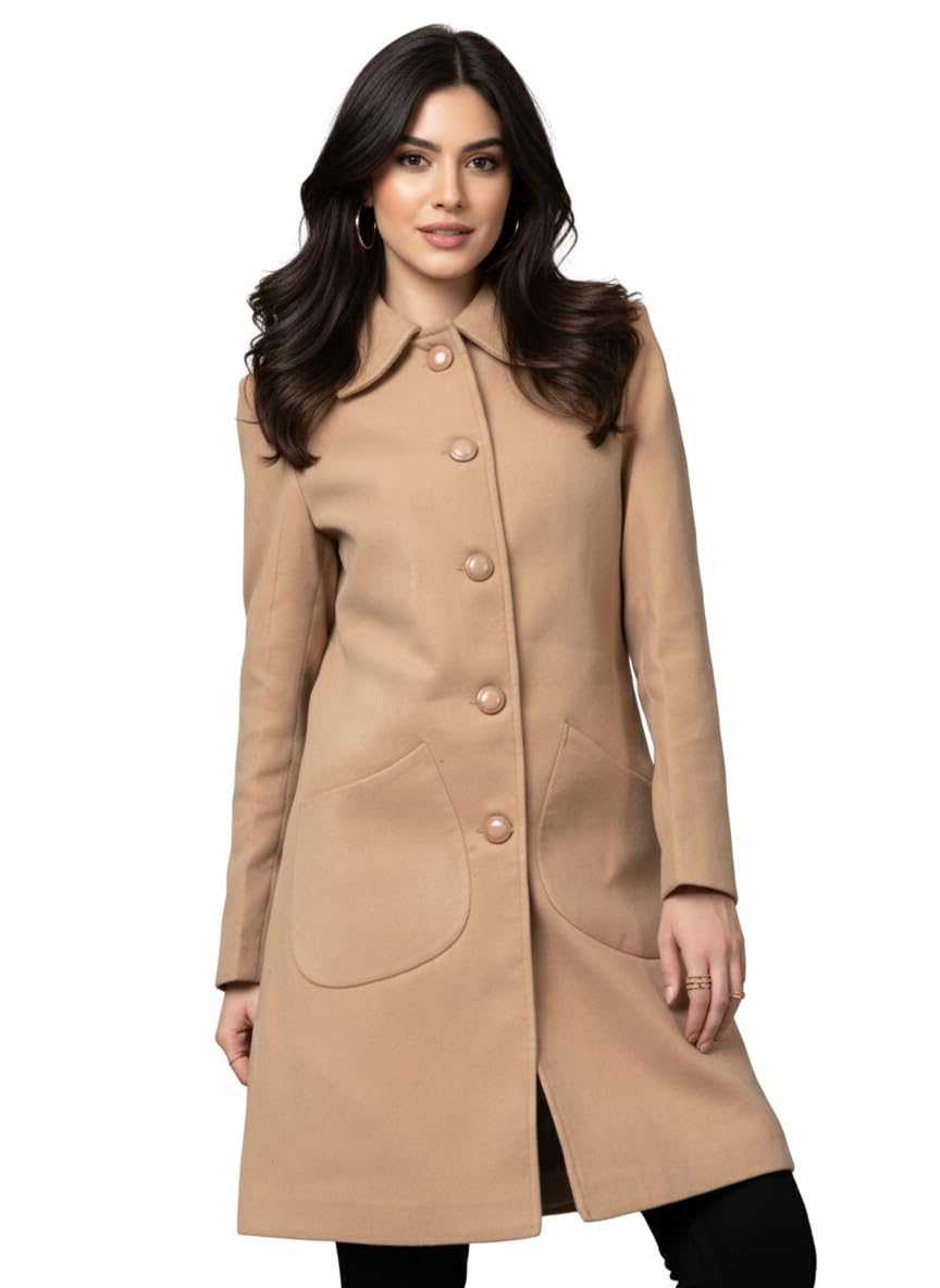 Women Classic Winter Long Coat Single Breasted | Knee Length Design with a Sophisticated Spread Collar and Practical Front Pockets for Casual and Semi Formal Wear