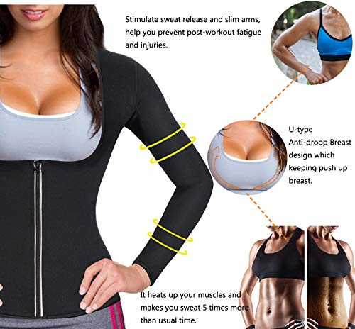 Gotoly Women Waist Trainer Neoprene Shirt Sauna Suit Sweat Fitness Zipper Long Sleeve Slim Arm (Black, Medium) #TOP3