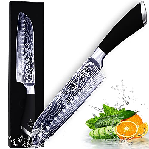 Cuchillo Santoku de acero inoxidable alemán forjado, cuchillo de cocina extremadamente afilado, duradero y universal, material de cocina para el hogar, cuchillo de trinchar esencial, 7 pulgadas Cover