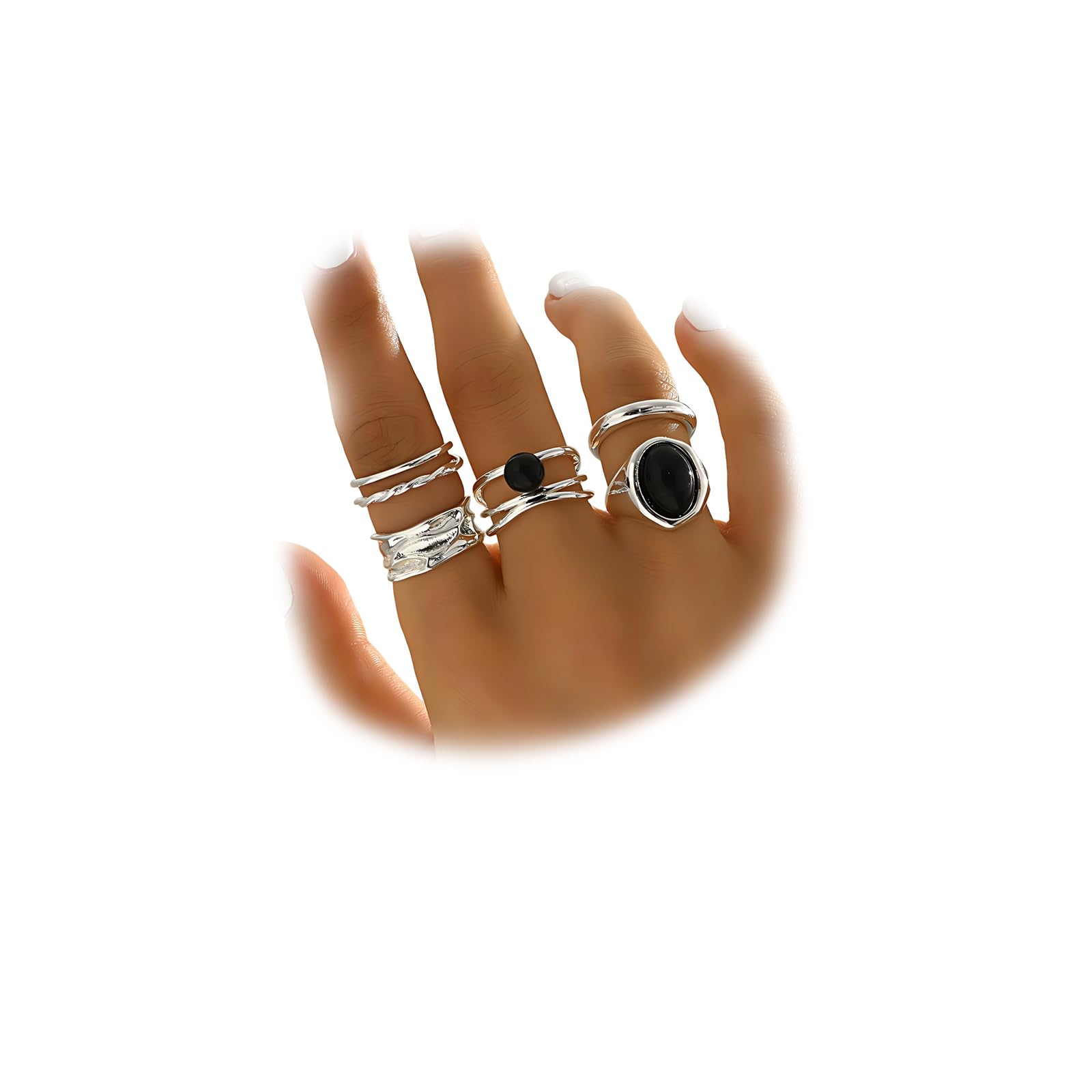 Vintage Silver Stacking Rings for Women Unique Chunky Black Crystal Open Knuckle Ring Adjustable Y2k Party Jewelry Set Gift Boho Clothing Accessory