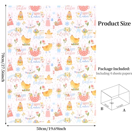 KIUEZIR 8 Blätter Geschenkpapier für Ostern, Extra Dickes Glanzfolien-Papier mit Fröhlichen Oster-Motiven - Perfekt zum Geschenkverpackung & für Osterbasteleien, 50 x 70 cm