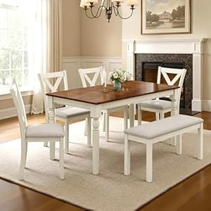 60″ Farmhouse Dining Table Set for 6, Solid Wood Kitchen Table with 4 Upholstered Chairs & Bench, 6-Piece Dining Room & Living Room Furniture, Cream White